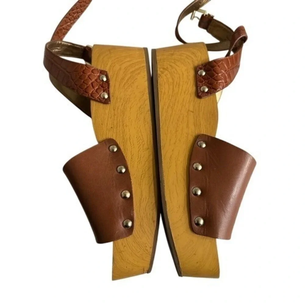 Sam‎ Edelman Brown Leather Croc Slingback Wood Platform Clog Sandals Size 10